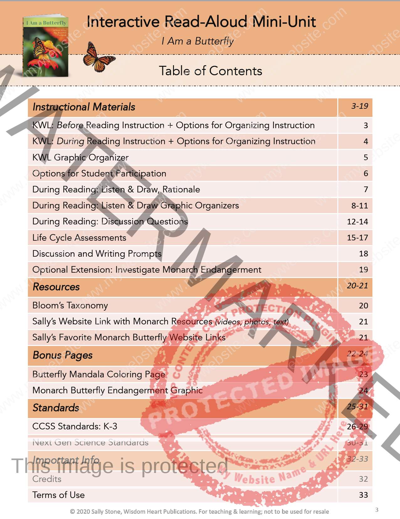 Table of Contents, Monarch Butterfly Life Cycle Read-Aloud Mini-Unit